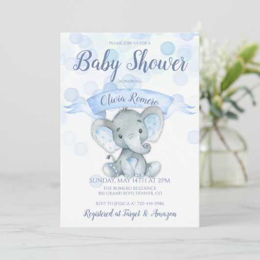 Blue Elephant Boy Baby shower Invitation Kaart (Staand voorkant)