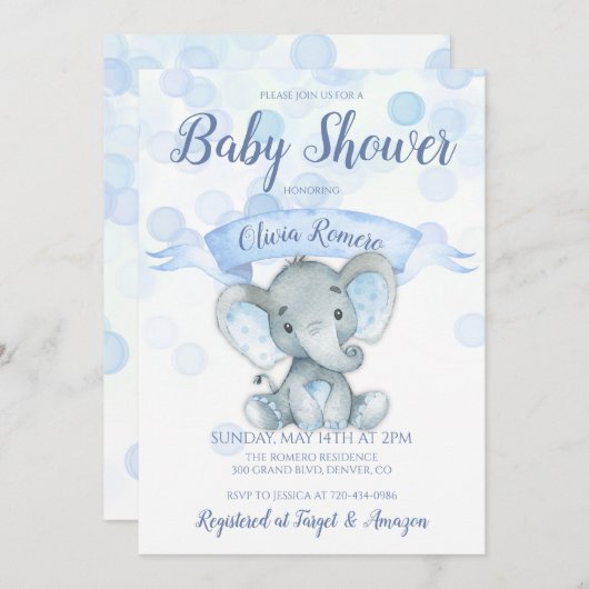 Blue Elephant Boy Baby shower Invitation Kaart (Voorkant / Achterkant)