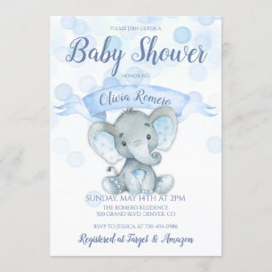 Blue Elephant Boy Baby shower Invitation Kaart