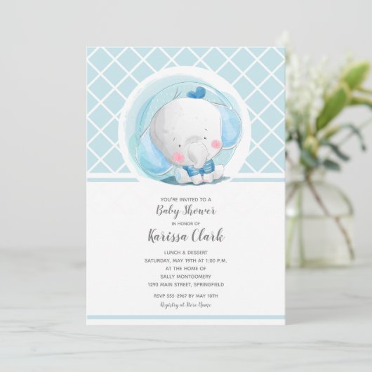 Blue Elephant Boy Baby Shower Invitations (Staand voorkant)