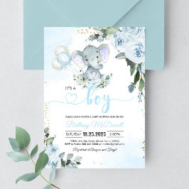 Blue Elephant Boy Baby shower Kaart
