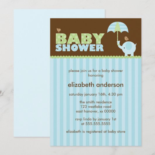 Blue Elephant Boy Baby shower Kaart (Voorkant / Achterkant)