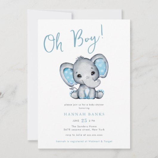 Blue Elephant Boy Baby shower Kaart (Voorkant)