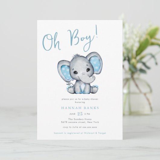 Blue Elephant Boy Baby shower Kaart (Staand voorkant)