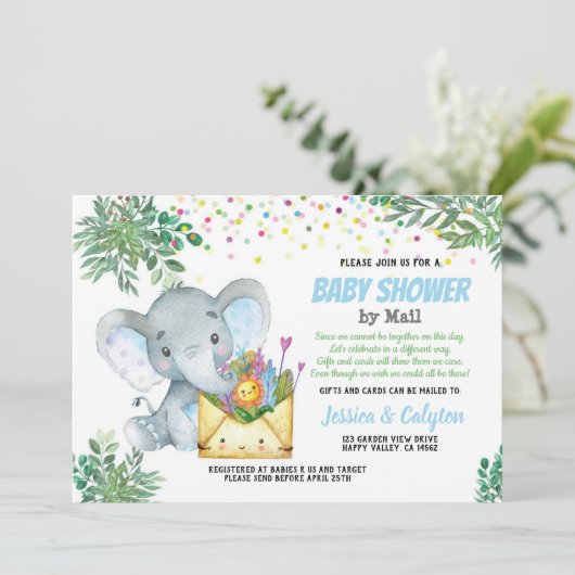 Blue Elephant Boy baby shower per mail groen Kaart (Staand voorkant)