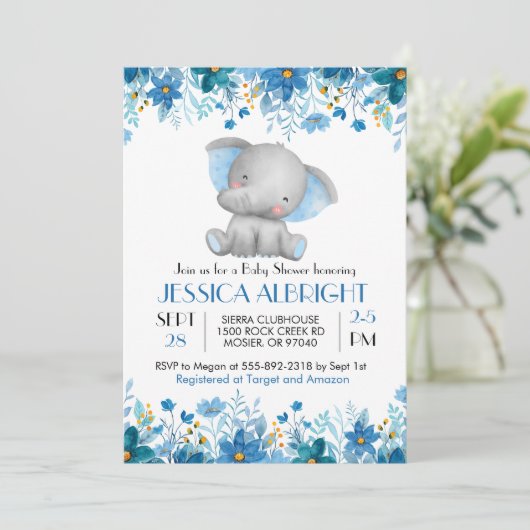 Blue Elephant Boy Baby shower Sprinkle Kaart (Staand voorkant)