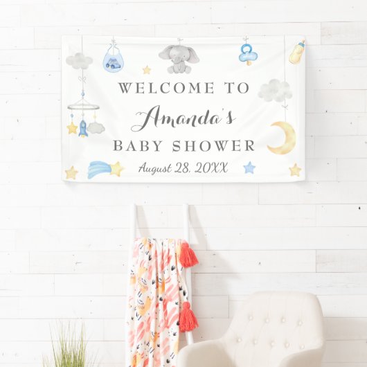 Blue Elephant Boy Baby Stuff Baby shower Backdrop Spandoek (Insitu)
