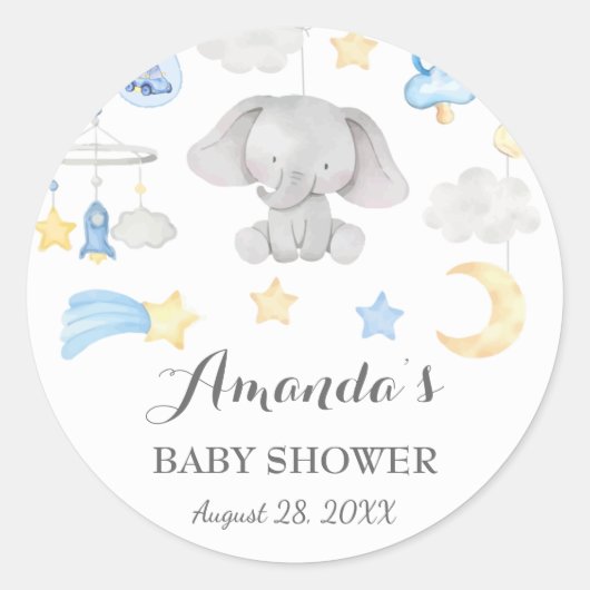 Blue Elephant Boy Baby Stuff Toys Baby shower Ronde Sticker (Voorkant)