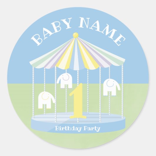 Blue Elephant Carousel Birthday Ronde Sticker (Voorkant)