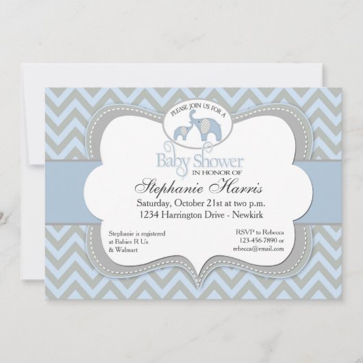 Blue Elephant Chevron Baby shower Invitation Kaart (Voorkant)