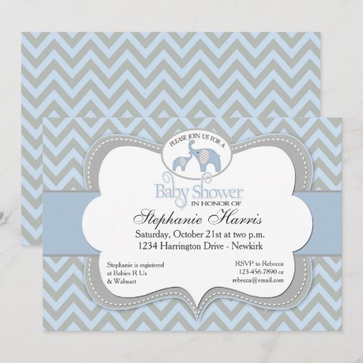 Blue Elephant Chevron Baby shower Invitation Kaart (Voorkant / Achterkant)