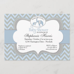 Blue Elephant Chevron Baby shower Invitation Kaart