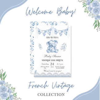 Blue Elephant Chinoiserie-Baby shower Invitation Kaart