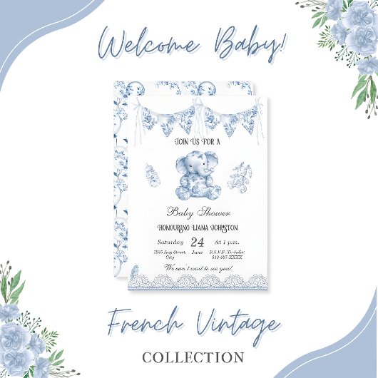 Blue Elephant Chinoiserie-Baby shower Invitation Kaart