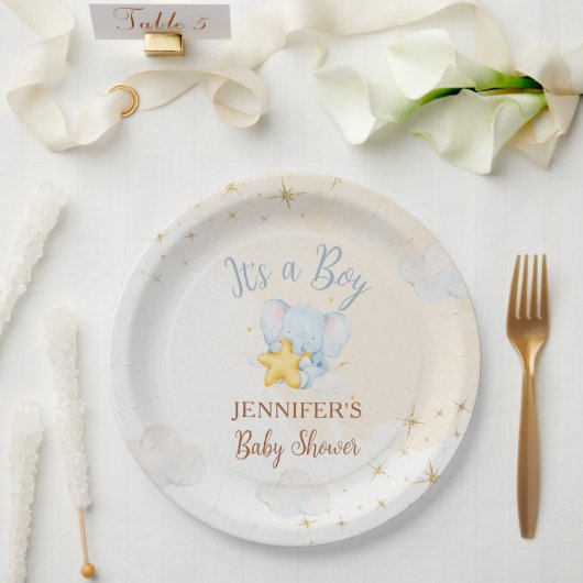 Blue Elephant Cloud Baby Shower Paper Plates Papieren Bordje (Huwelijk)