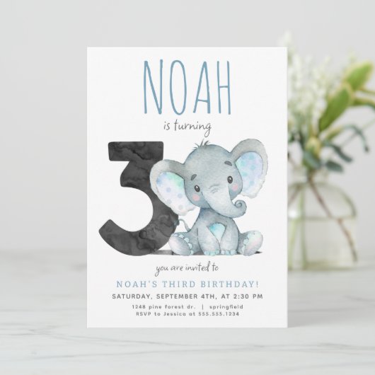 Blue Elephant Derde Verjaardag uitnodiging (Staand voorkant)