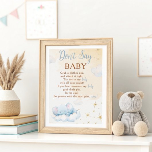 Blue Elephant Don't Say Baby Shower Game Poster