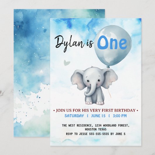 Blue Elephant eerste verjaardagsfeest Kaart (Voorkant / Achterkant)