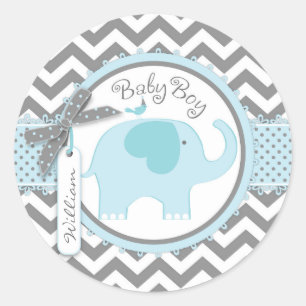Blue Elephant en Chevron Print Baby shower Ronde Sticker