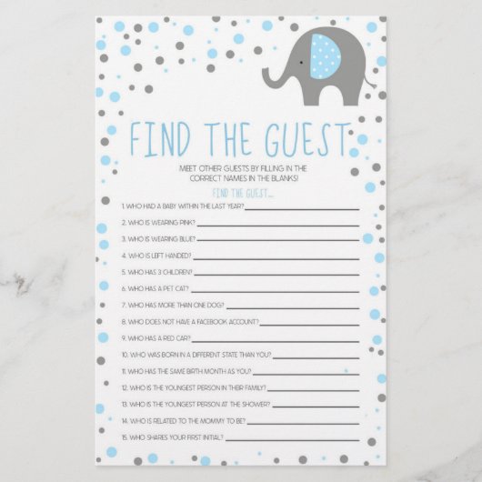 Blue Elephant Find Guest Baby shower Game Briefpapier (Voorkant)