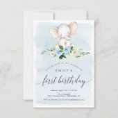 Blue Elephant First Birthday Invitation Kaart (Voorkant)