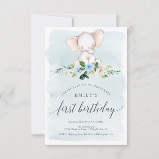 Blue Elephant First Birthday Invitation Kaart (Voorkant)
