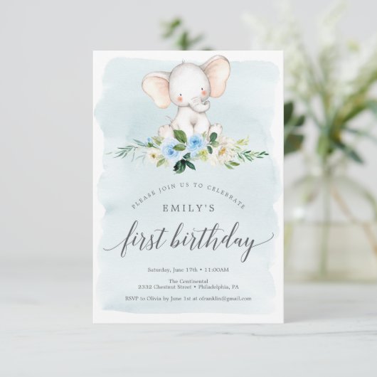 Blue Elephant First Birthday Invitation Kaart (Staand voorkant)