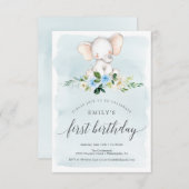 Blue Elephant First Birthday Invitation Kaart (Voorkant / Achterkant)