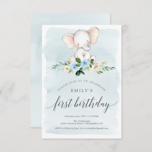 Blue Elephant First Birthday Invitation Kaart (Voorkant / Achterkant)