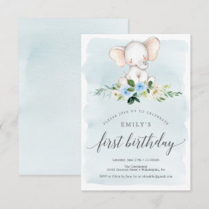 Blue Elephant First Birthday Invitation Kaart