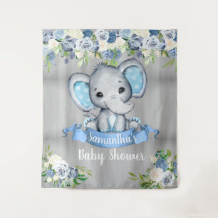 Blue Elephant Floral Photo Backdrop Baby shower Wandkleed