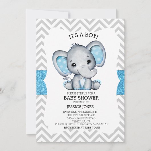 Blue Elephant Glitter Chevron Baby shower Kaart (Voorkant)