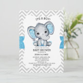 Blue Elephant Glitter Chevron Baby shower Kaart (Staand voorkant)