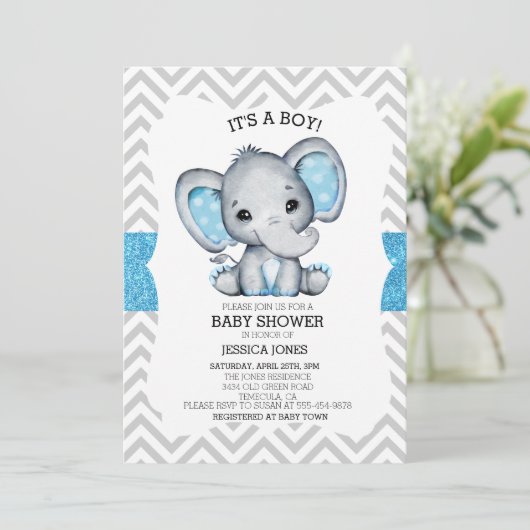 Blue Elephant Glitter Chevron Baby shower Kaart (Staand voorkant)