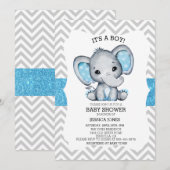 Blue Elephant Glitter Chevron Baby shower Kaart (Voorkant / Achterkant)