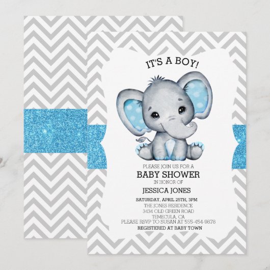 Blue Elephant Glitter Chevron Baby shower Kaart (Voorkant / Achterkant)