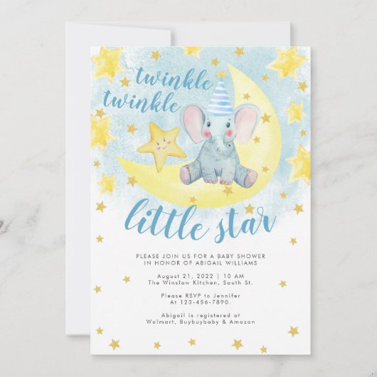 Blue Elephant Gold Twinkle Little Star Baby shower Kaart (Voorkant)