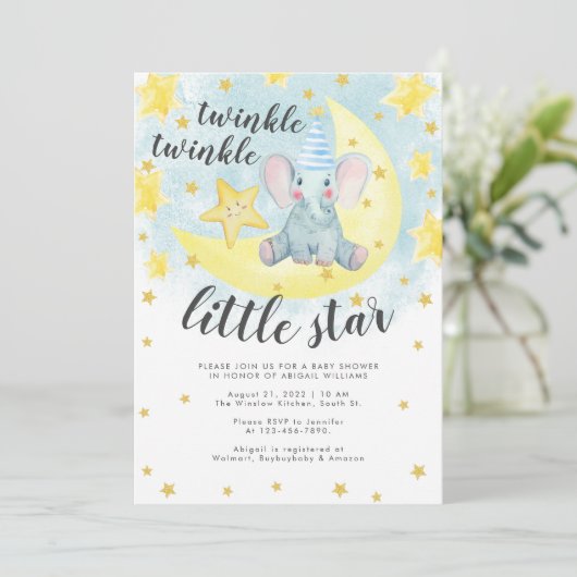 Blue Elephant Gold Twinkle Little Star Baby shower Kaart (Staand voorkant)