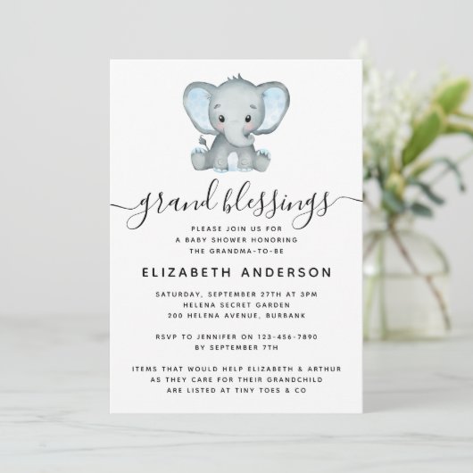 Blue Elephant Grandma-to-be Baby shower Kaart (Staand voorkant)