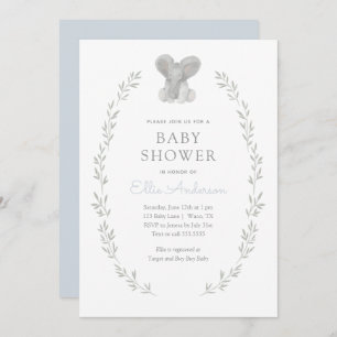 Blue Elephant Greenery Boy Baby shower Kaart