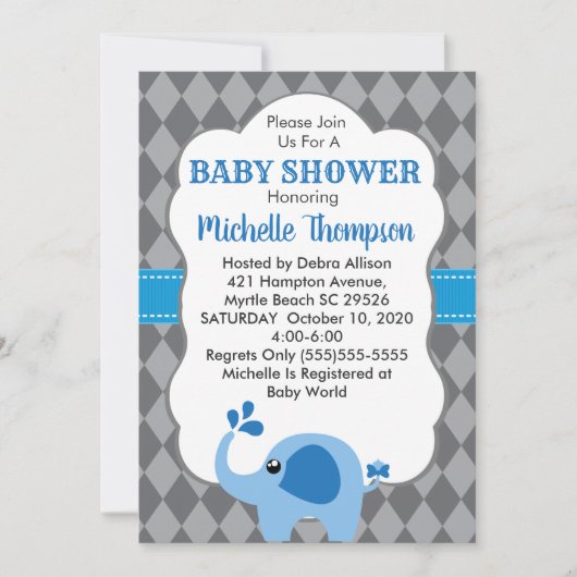 Blue Elephant Grey Background Baby shower nodigt u Kaart (Voorkant)