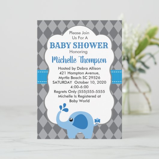 Blue Elephant Grey Background Baby shower nodigt u Kaart (Staand voorkant)