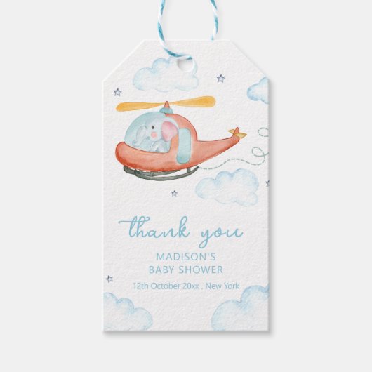 Blue Elephant Helicopter Airplane Baby Shower  Cadeaulabel (Voorkant)