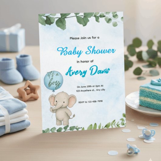 Blue Elephant It’s a Boy Baby Shower Invitation Kaart