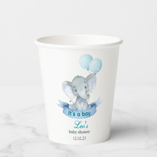Blue Elephant It's a Boy Baby Shower Cups Papieren Bekers (Achterkant)