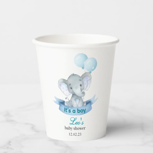 Blue Elephant It's a Boy Baby Shower Cups Papieren Bekers (Voorkant)