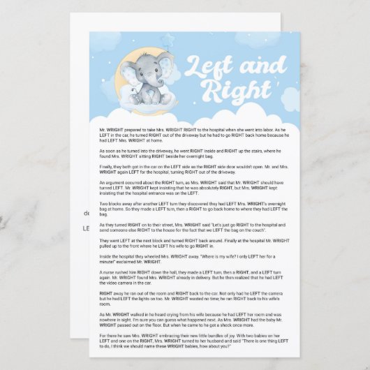 Blue Elephant left and Right Baby shower Game (Voorkant / Achterkant)