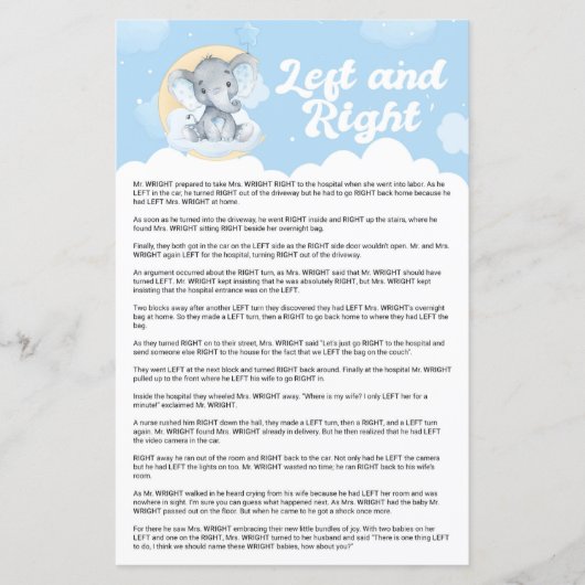 Blue Elephant left and Right Baby shower Game (Voorkant)