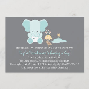 Blue Elephant Little Bird Baby shower Kaart