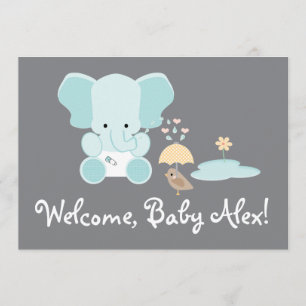 Blue Elephant Little Bird Welcome Baby Kaart